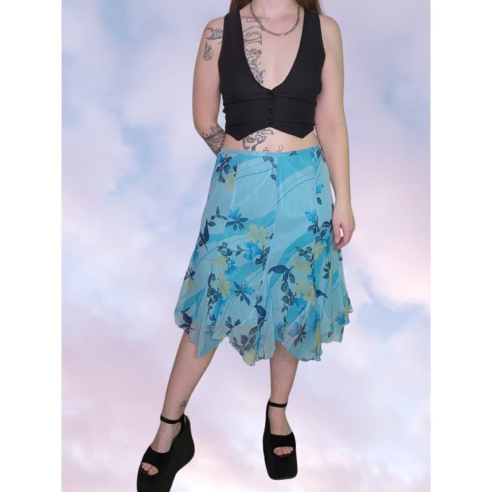 90s Y2k Vision Blue Tones Floral Asymetrical Flowy Fairy Silk Skirt Sz XL